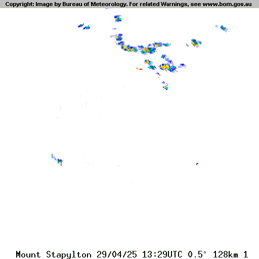 BOM radar rainfall image showing spatial rainfall patterns around Brisbane (128km coverage)